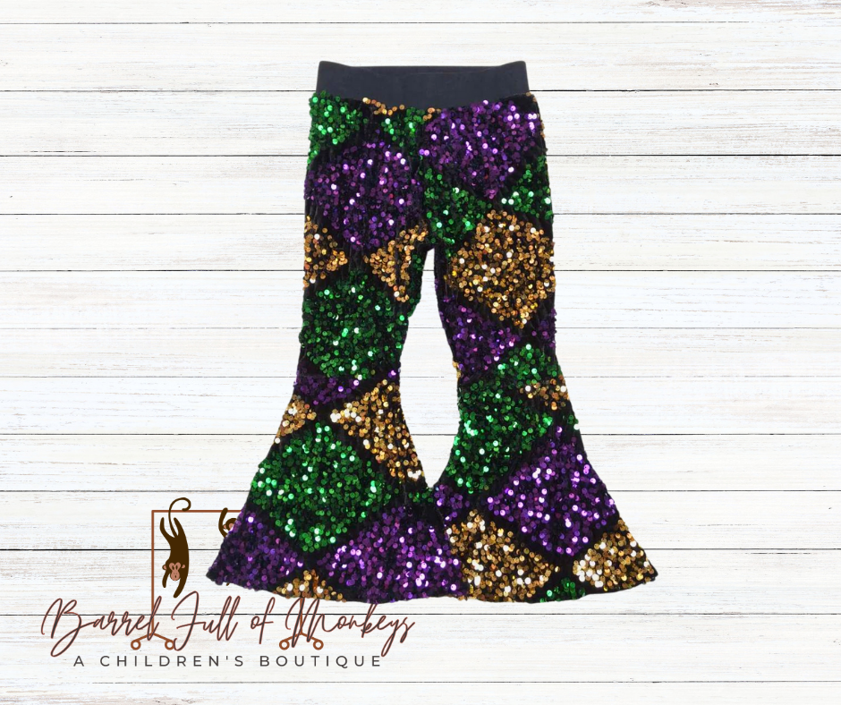 Little Miss Mardi Gras Sequin Bellbottoms - TAT 3 weeks to Magnolia Blue
