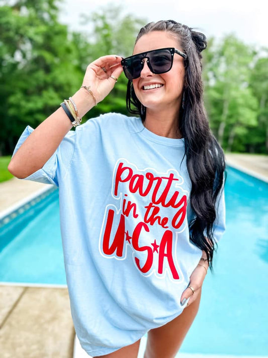 Party In The USA Double Puff-Glitter Combo Tee - eta 3 weeks to Magnolia Blue